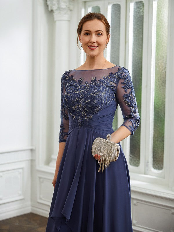 Lois A-Line/Princess Chiffon Applique Bateau 3/4 Sleeves Floor-Length Mother of the Bride Dresses DLP0020266