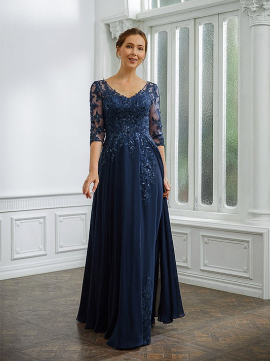 Lilianna A-Line/Princess Chiffon Applique V-neck 3/4 Sleeves Floor-Length Mother of the Bride Dresses DLP0020267