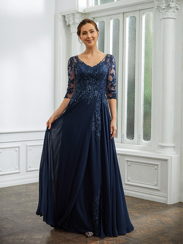 Lilianna A-Line/Princess Chiffon Applique V-neck 3/4 Sleeves Floor-Length Mother of the Bride Dresses DLP0020267