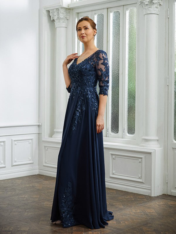 Lilianna A-Line/Princess Chiffon Applique V-neck 3/4 Sleeves Floor-Length Mother of the Bride Dresses DLP0020267