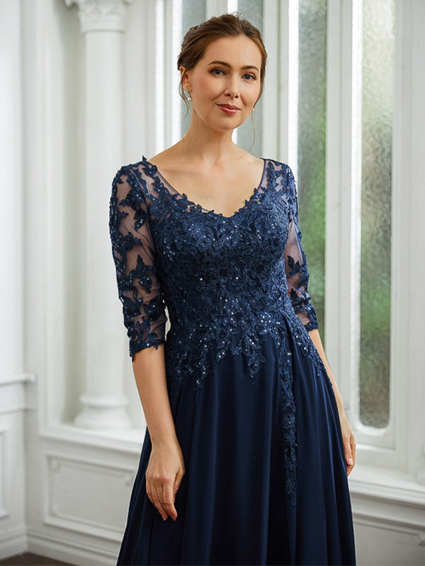 Lilianna A-Line/Princess Chiffon Applique V-neck 3/4 Sleeves Floor-Length Mother of the Bride Dresses DLP0020267