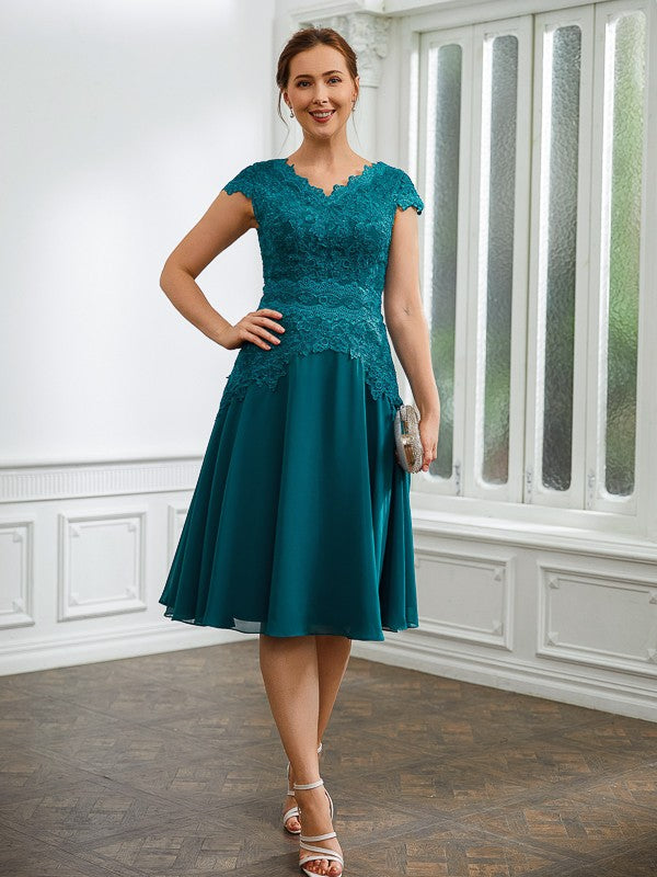 Pam A-Line/Princess Chiffon Ruched V-neck Short Sleeves Knee-Length Mother of the Bride Dresses DLP0020268