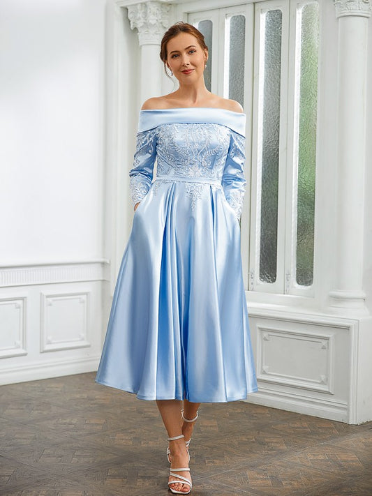 Kaya A-Line/Princess Elastic Woven Satin Ruched Off-the-Shoulder Long Sleeves Tea-Length Mother of the Bride Dresses DLP0020269