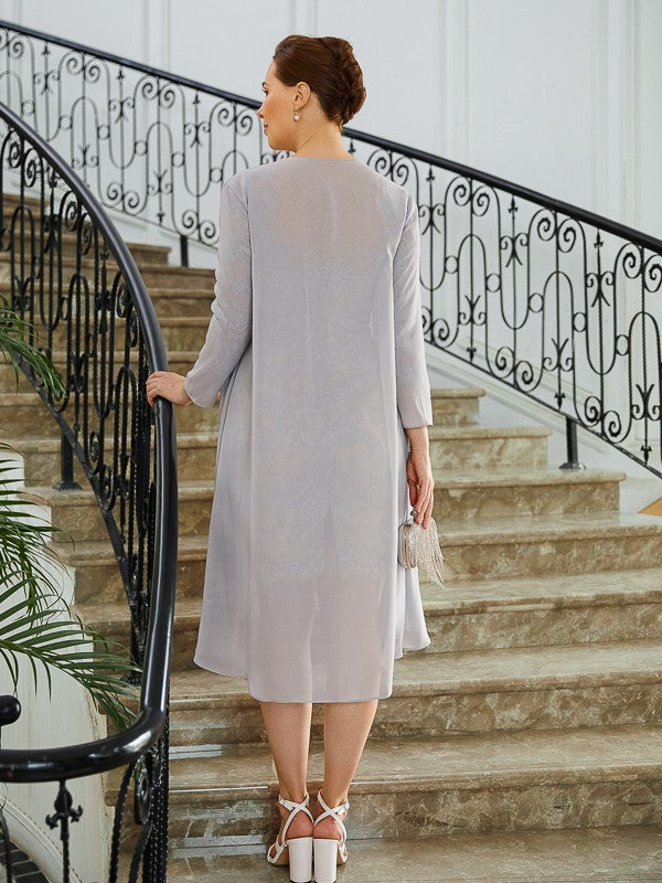 Neveah Sheath/Column Chiffon Applique Bateau 3/4 Sleeves Short/Mini Mother of the Bride Dresses DLP0020270