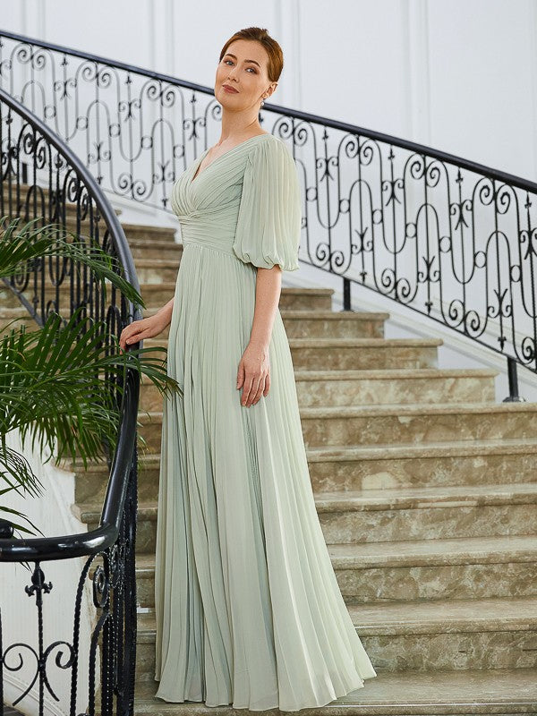 Melissa A-Line/Princess Chiffon Ruched V-neck 1/2 Sleeves Floor-Length Mother of the Bride Dresses DLP0020271