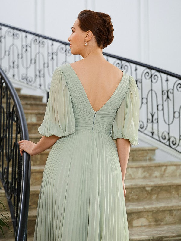 Melissa A-Line/Princess Chiffon Ruched V-neck 1/2 Sleeves Floor-Length Mother of the Bride Dresses DLP0020271