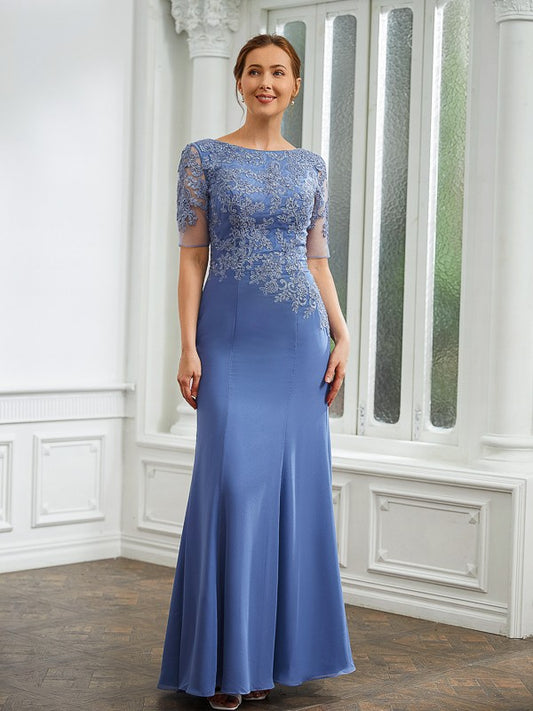 Sarahi Sheath/Column Chiffon Applique Bateau Short Sleeves Floor-Length Mother of the Bride Dresses DLP0020272