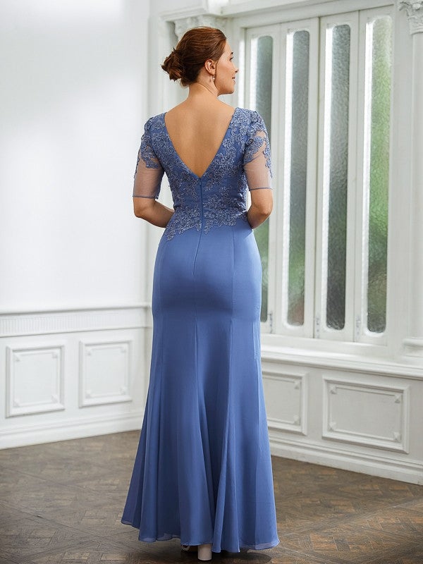 Sarahi Sheath/Column Chiffon Applique Bateau Short Sleeves Floor-Length Mother of the Bride Dresses DLP0020272