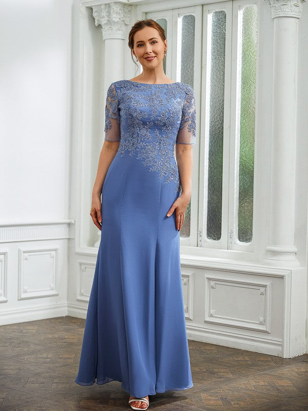 Sarahi Sheath/Column Chiffon Applique Bateau Short Sleeves Floor-Length Mother of the Bride Dresses DLP0020272