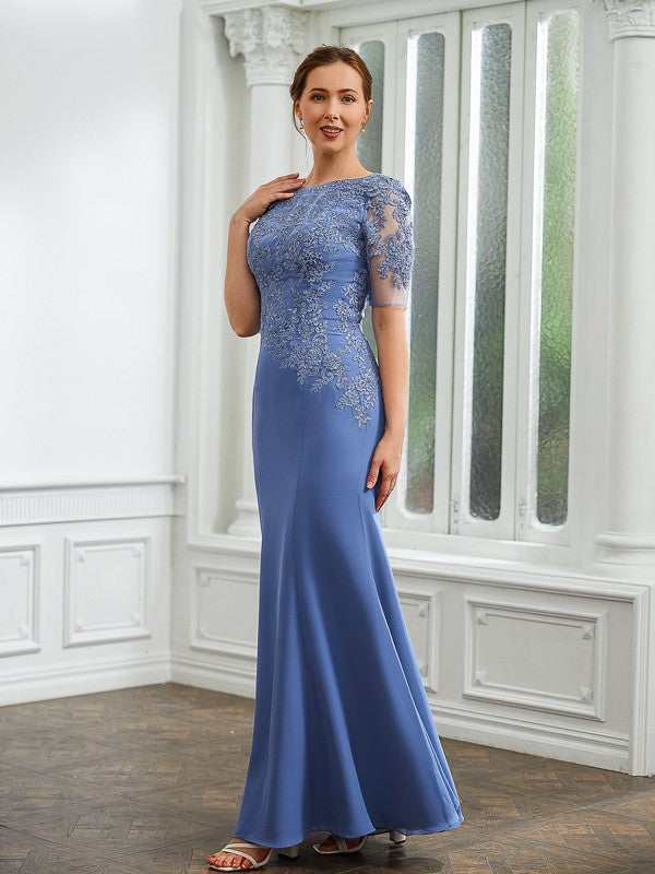 Sarahi Sheath/Column Chiffon Applique Bateau Short Sleeves Floor-Length Mother of the Bride Dresses DLP0020272