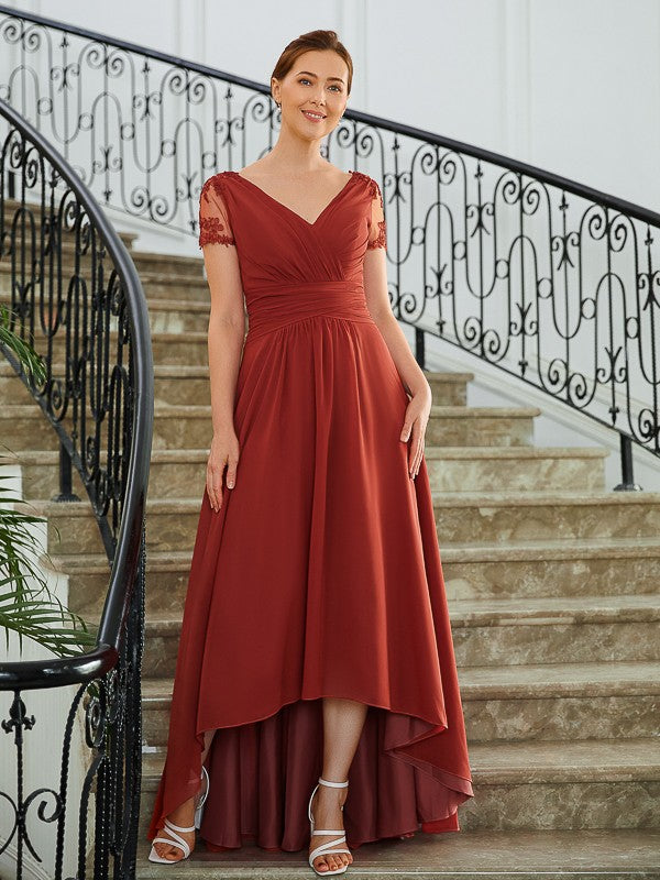 Lydia A-Line/Princess Chiffon Ruched V-neck Short Sleeves Asymmetrical Mother of the Bride Dresses DLP0020273