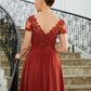 Lydia A-Line/Princess Chiffon Ruched V-neck Short Sleeves Asymmetrical Mother of the Bride Dresses DLP0020273