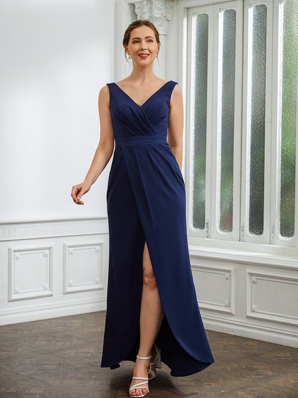 Naomi Sheath/Column Stretch Crepe Ruched V-neck Sleeveless Floor-Length Mother of the Bride Dresses DLP0020258