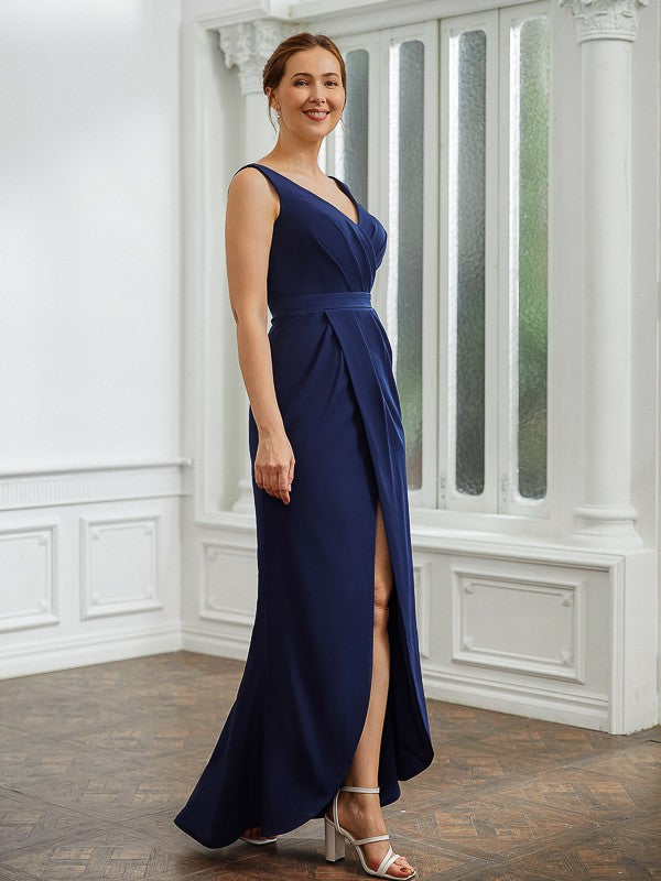 Naomi Sheath/Column Stretch Crepe Ruched V-neck Sleeveless Floor-Length Mother of the Bride Dresses DLP0020258