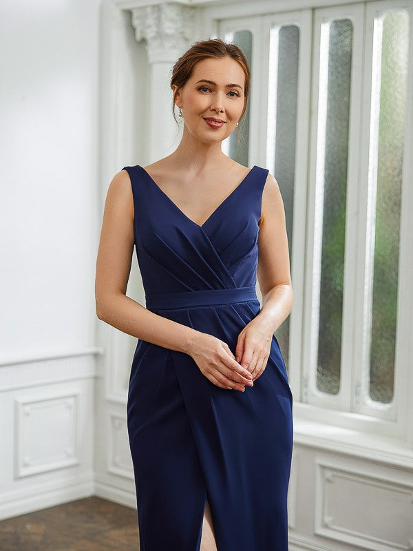 Naomi Sheath/Column Stretch Crepe Ruched V-neck Sleeveless Floor-Length Mother of the Bride Dresses DLP0020258