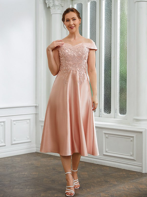 Ariel A-Line/Princess Satin Applique Off-the-Shoulder Sleeveless Tea-Length Mother of the Bride Dresses DLP0020255