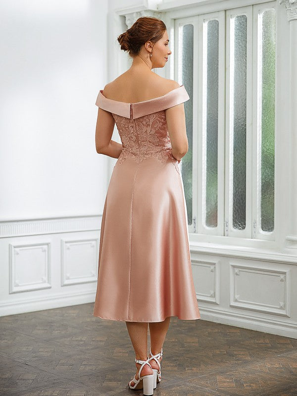 Ariel A-Line/Princess Satin Applique Off-the-Shoulder Sleeveless Tea-Length Mother of the Bride Dresses DLP0020255