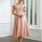 Ariel A-Line/Princess Satin Applique Off-the-Shoulder Sleeveless Tea-Length Mother of the Bride Dresses DLP0020255