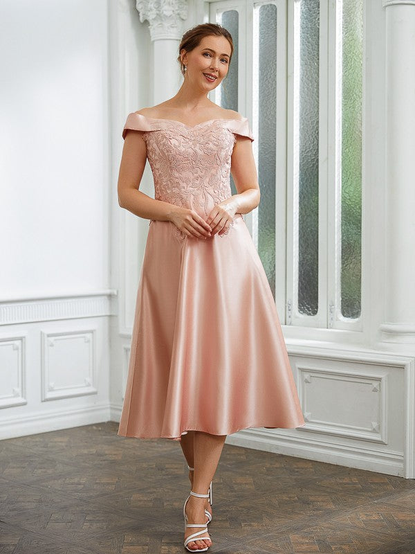 Ariel A-Line/Princess Satin Applique Off-the-Shoulder Sleeveless Tea-Length Mother of the Bride Dresses DLP0020255