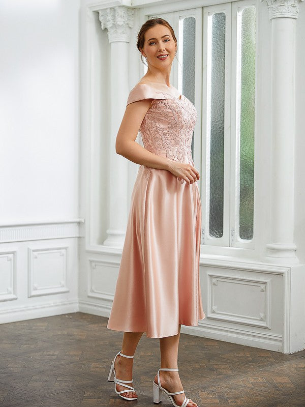 Ariel A-Line/Princess Satin Applique Off-the-Shoulder Sleeveless Tea-Length Mother of the Bride Dresses DLP0020255