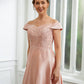 Ariel A-Line/Princess Satin Applique Off-the-Shoulder Sleeveless Tea-Length Mother of the Bride Dresses DLP0020255