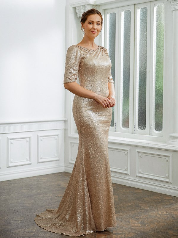 Kennedy Sheath/Column Sequins Ruched 1/2 Sleeves Sweep/Brush Train Mother of the Bride Dresses DLP0020248