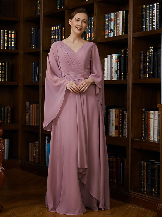 Mylie A-Line/Princess Chiffon Ruched V-neck 3/4 Sleeves Floor-Length Mother of the Bride Dresses DLP0020251