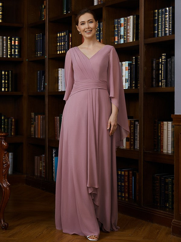 Mylie A-Line/Princess Chiffon Ruched V-neck 3/4 Sleeves Floor-Length Mother of the Bride Dresses DLP0020251