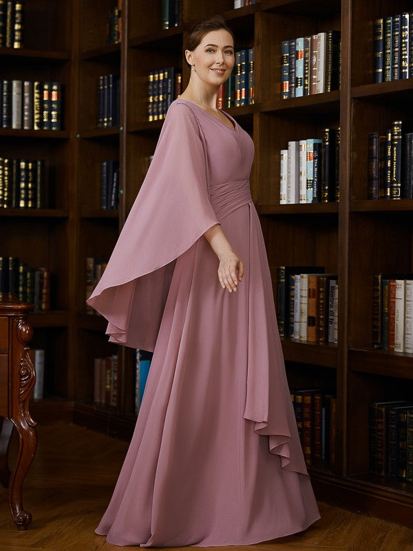 Mylie A-Line/Princess Chiffon Ruched V-neck 3/4 Sleeves Floor-Length Mother of the Bride Dresses DLP0020251