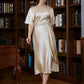 Gabriella Sheath/Column Elastic Woven Satin Ruched Scoop Short Sleeves Tea-Length Mother of the Bride Dresses DLP0020242