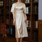 Gabriella Sheath/Column Elastic Woven Satin Ruched Scoop Short Sleeves Tea-Length Mother of the Bride Dresses DLP0020242