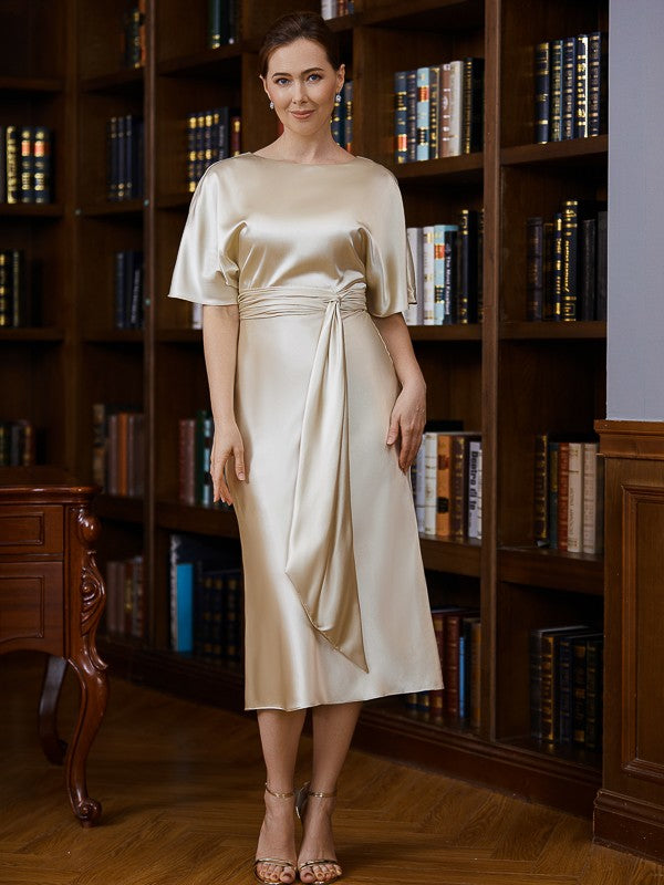 Gabriella Sheath/Column Elastic Woven Satin Ruched Scoop Short Sleeves Tea-Length Mother of the Bride Dresses DLP0020242