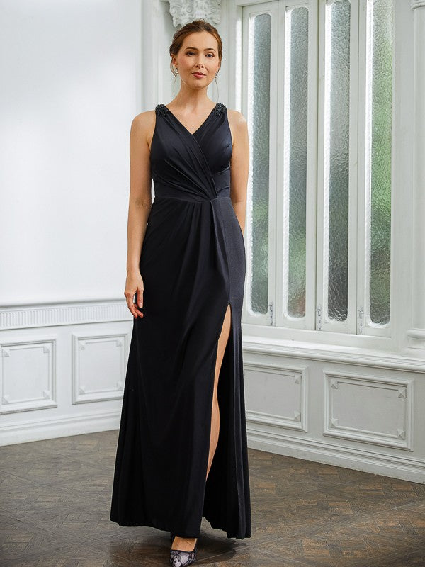 Trudie Sheath/Column Jersey Ruched V-neck Sleeveless Floor-Length Mother of the Bride Dresses DLP0020246