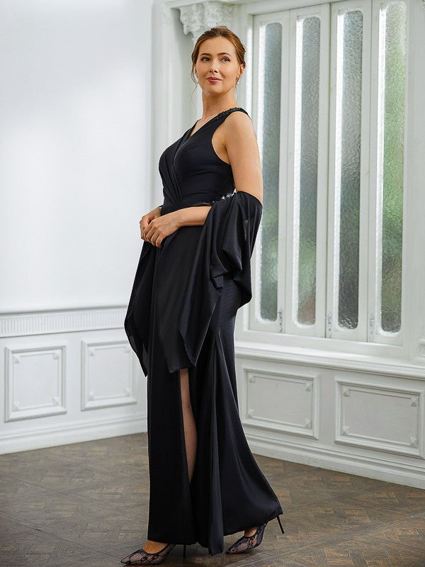 Trudie Sheath/Column Jersey Ruched V-neck Sleeveless Floor-Length Mother of the Bride Dresses DLP0020246