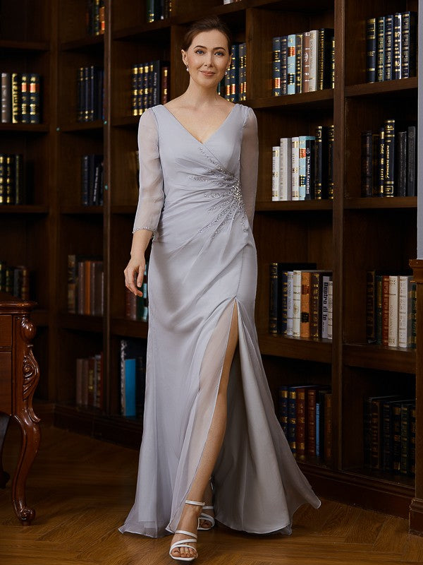 Lauryn Sheath/Column 30D Chiffon Beading V-neck 3/4 Sleeves Floor-Length Mother of the Bride Dresses DLP0020247