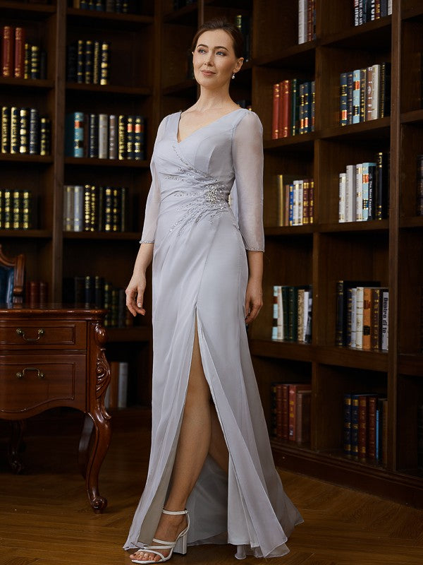 Lauryn Sheath/Column 30D Chiffon Beading V-neck 3/4 Sleeves Floor-Length Mother of the Bride Dresses DLP0020247