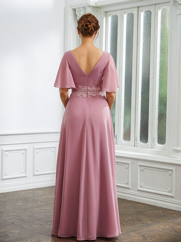 Quintina A-Line/Princess Chiffon Ruched V-neck 1/2 Sleeves Floor-Length Mother of the Bride Dresses DLP0020248