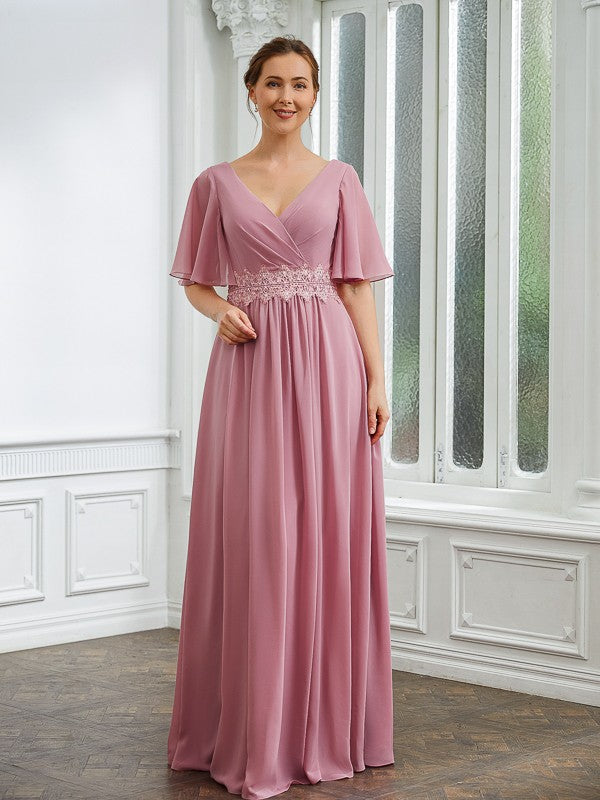 Quintina A-Line/Princess Chiffon Ruched V-neck 1/2 Sleeves Floor-Length Mother of the Bride Dresses DLP0020248