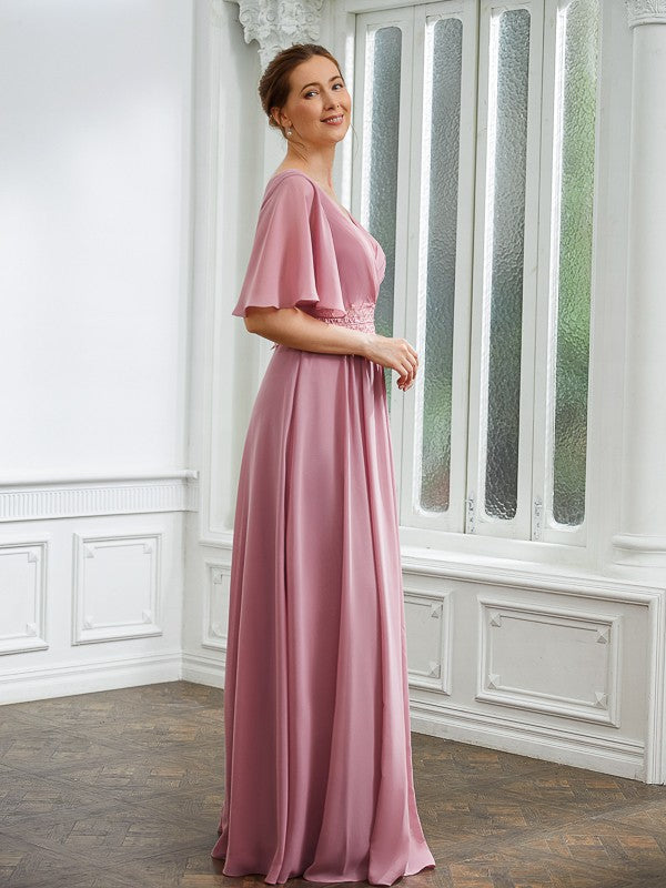 Quintina A-Line/Princess Chiffon Ruched V-neck 1/2 Sleeves Floor-Length Mother of the Bride Dresses DLP0020248