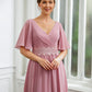 Quintina A-Line/Princess Chiffon Ruched V-neck 1/2 Sleeves Floor-Length Mother of the Bride Dresses DLP0020248