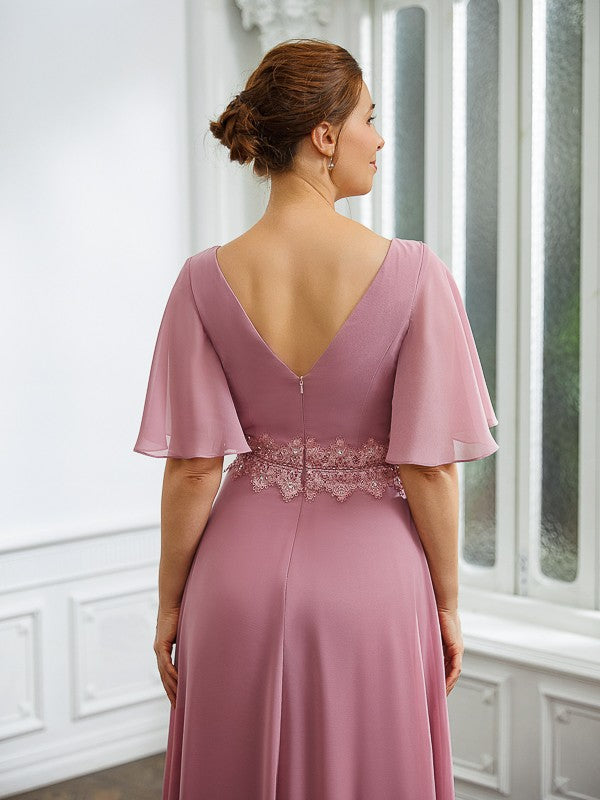 Quintina A-Line/Princess Chiffon Ruched V-neck 1/2 Sleeves Floor-Length Mother of the Bride Dresses DLP0020248