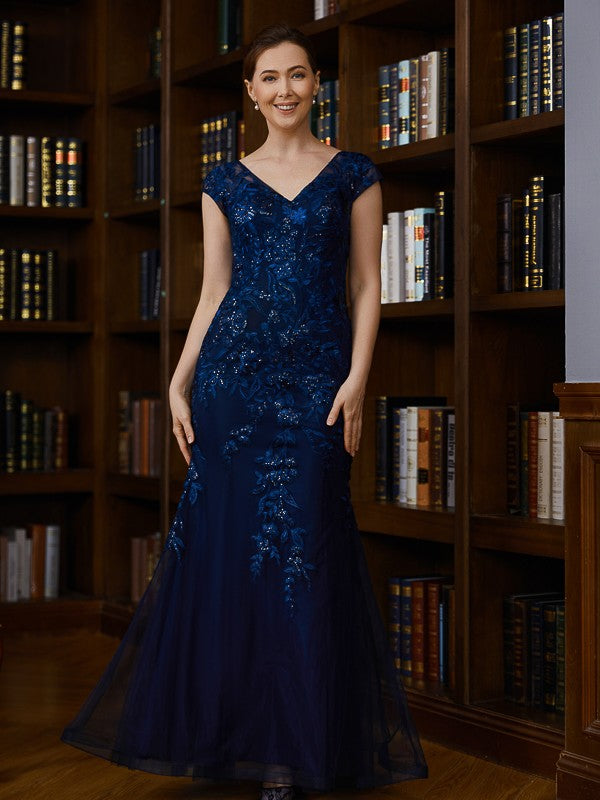 Aria Sheath/Column Tulle Applique V-neck Short Sleeves Floor-Length Mother of the Bride Dresses DLP0020241