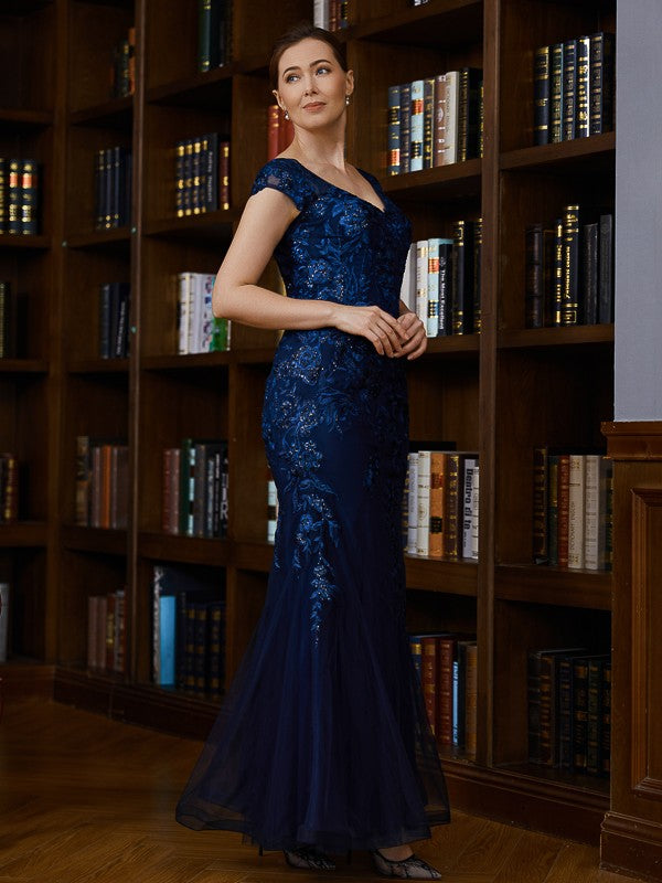 Aria Sheath/Column Tulle Applique V-neck Short Sleeves Floor-Length Mother of the Bride Dresses DLP0020241