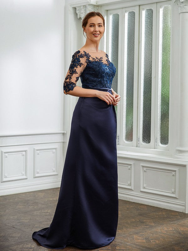 Abbigail Sheath/Column Satin Applique Bateau 1/2 Sleeves Sweep/Brush Train Mother of the Bride Dresses DLP0020243