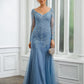 Emilia Sheath/Column Tulle Applique V-neck Long Sleeves Sweep/Brush Train Mother of the Bride Dresses DLP0020244