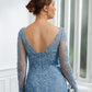 Emilia Sheath/Column Tulle Applique V-neck Long Sleeves Sweep/Brush Train Mother of the Bride Dresses DLP0020244