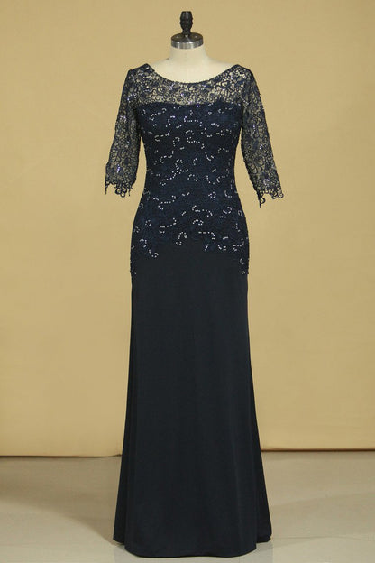 2024 Mother Of The Bride Dresses Scoop 3/4 Length Sleeve Dark Navy Spandex & Lace With Beads