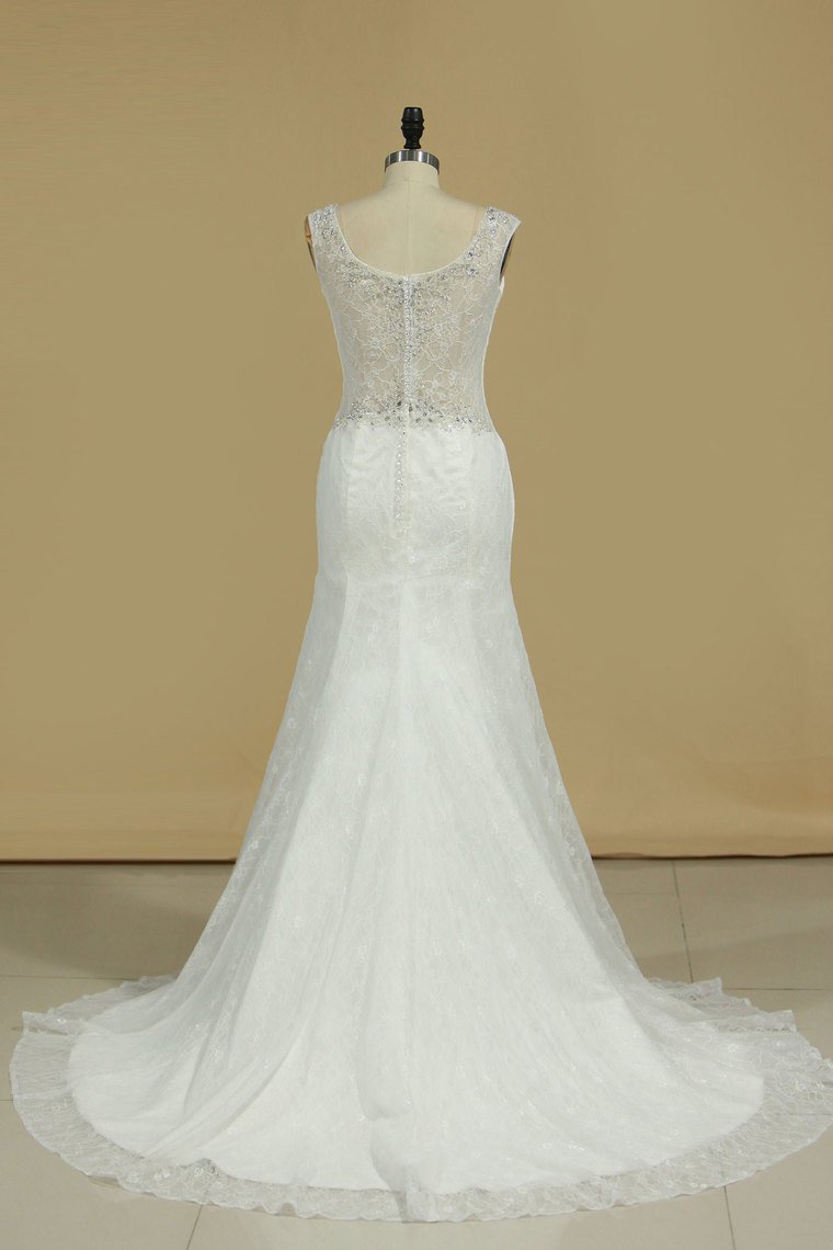 Lace Wedding Dresses Mermaid V Neck With Beading Sweep Train