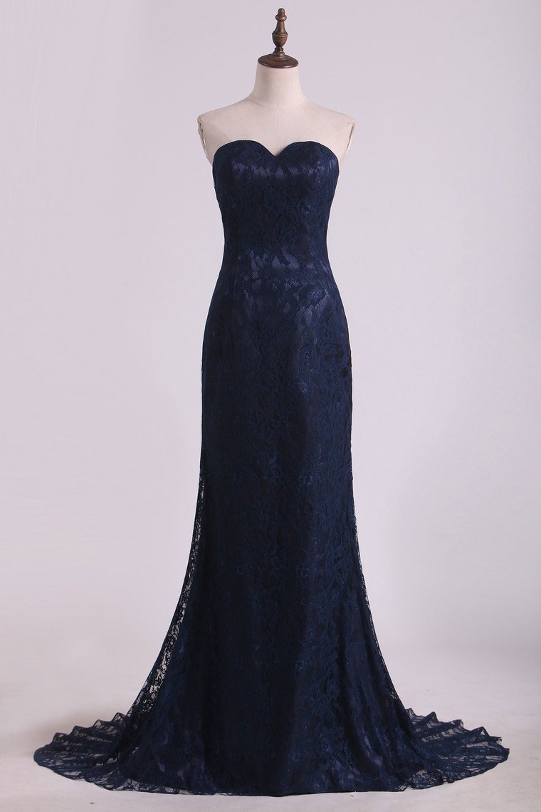 2024 Evening Dresses Sweetheart Dark Navy Lace Sweep Train Mermaid