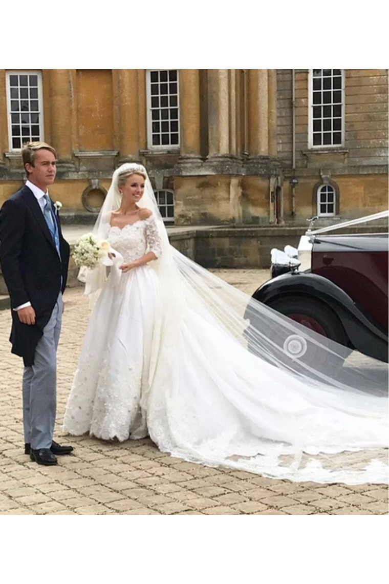 A Line Mid-Sleeves Ivory Satin Wedding Dresses With Cathedral Train Royal Lace Wedding Gowns